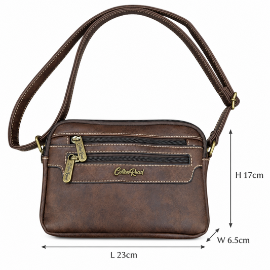 Cotton Road Sling Bag: COFFEE BROWN PU Leather Crossbody with Adjustable Strap SIZED