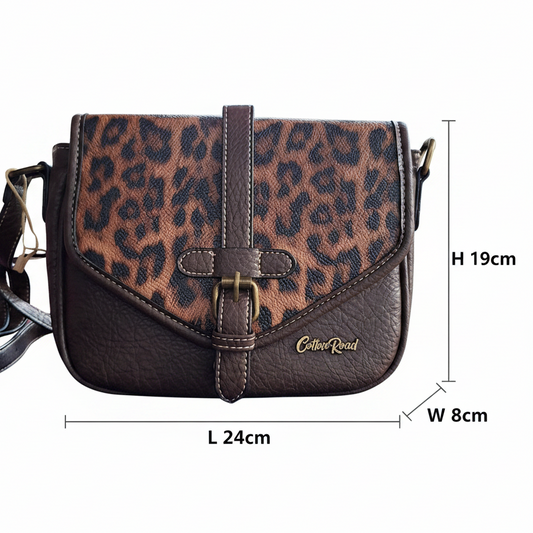 Cotton Road Sling Bag: COFFEE BROWN PU Leather Crossbody with Leopard Print and Buckle Strap SIZE