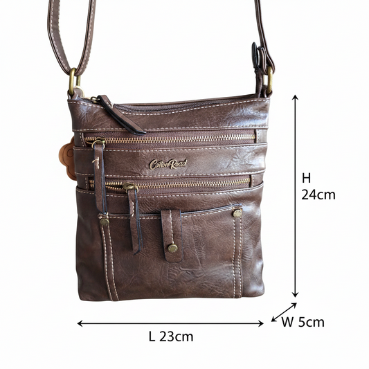 Cotton Road Sling Bag: COFFEE BROWN PU Leather with Metal Zips SIZE