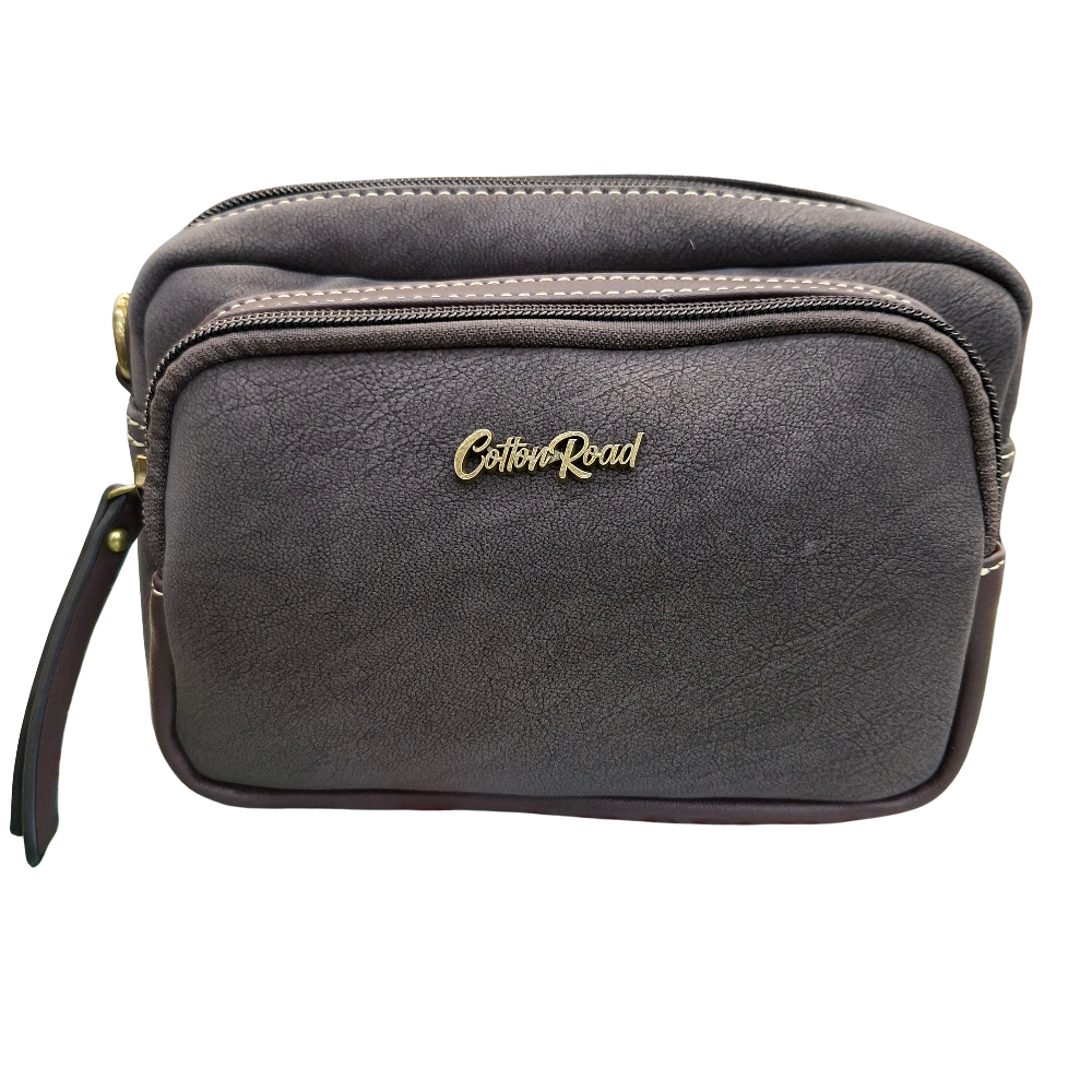 Cotton Road Sling Bag: DARK COFFEE Mini Crossbody with Branded Strap front