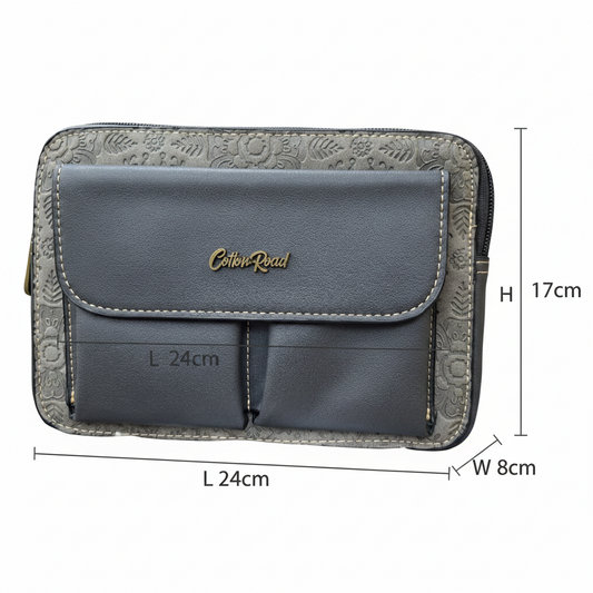 Cotton Road Sling Bag: GREY PU Leather Crossbody with Embossed Flowers and BRANDED STRAP