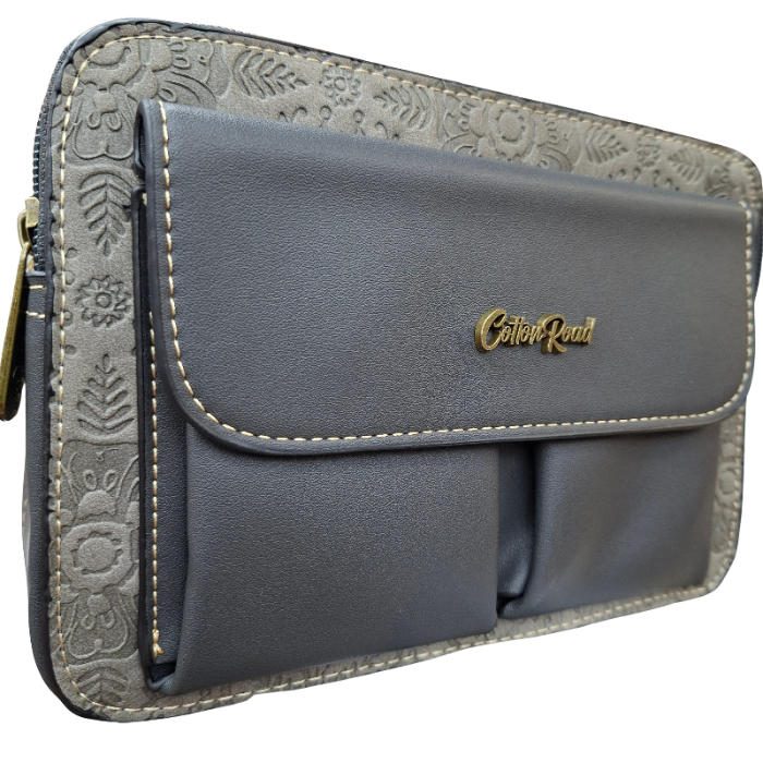 Cotton Road Sling Bag: GREY PU Leather Crossbody with Embossed Flowers and BRANDED STRAP FRONT TWIN POCKETS