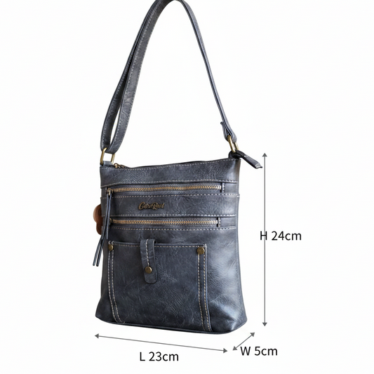 Cotton Road Sling Bag: GREY PU Leather with Metal Zips SIZE