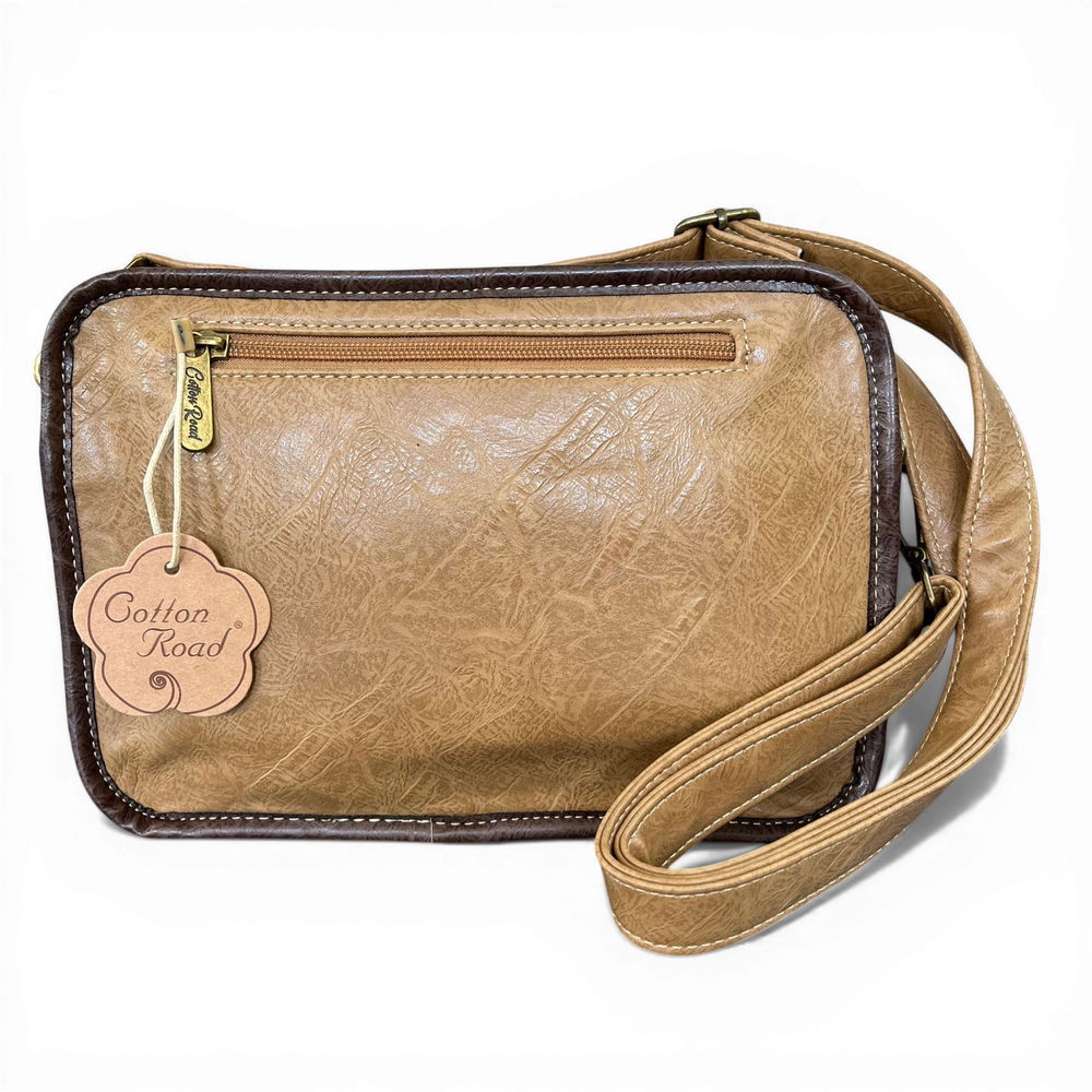 Cotton Road Sling Bag: KHAKI/BROWN PU Leather Bag with BROWN Trim and Buckle Detailing back