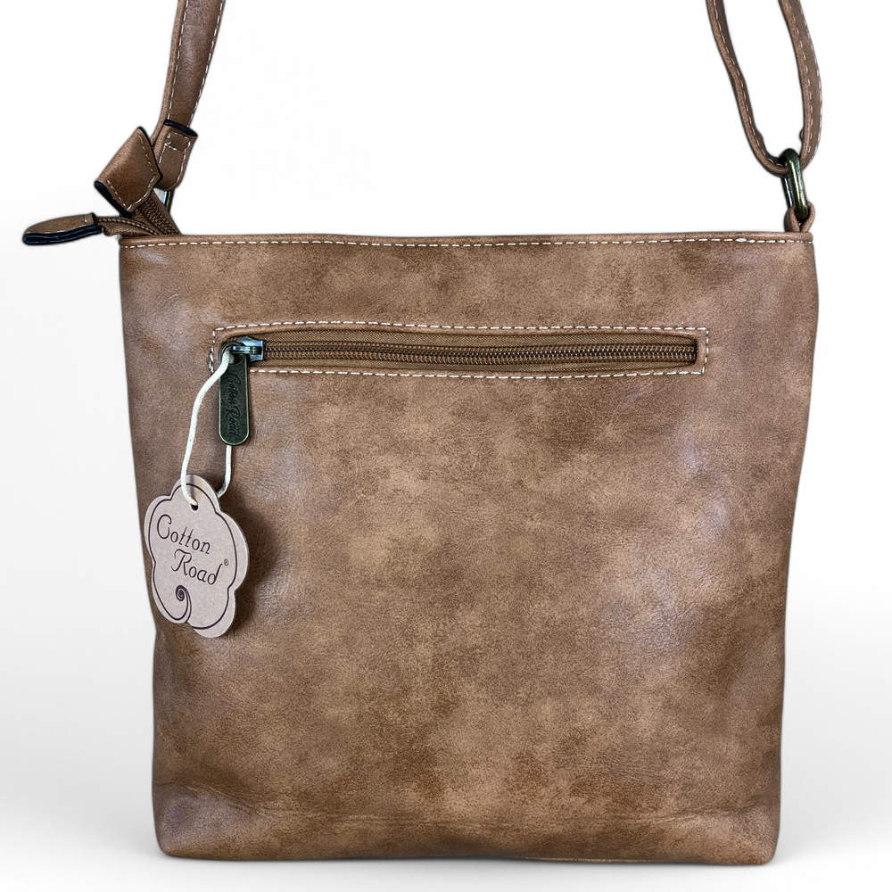 Cotton Road Sling Bag: KHAKI PU Leather Medium Sling Bag with STRAP detailing. One back zip compartment
