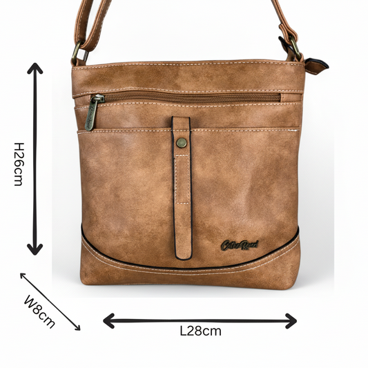 Cotton Road Sling Bag: KHAKI PU Leather Medium Sling Bag with STRAP detailing with sizes