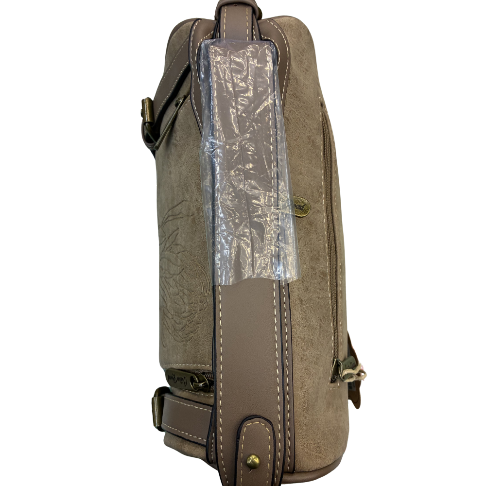 Cotton Road Sling Bag: KHAKI PU Leather with Embossed Protea and BRANDED Strap TOP VIEW