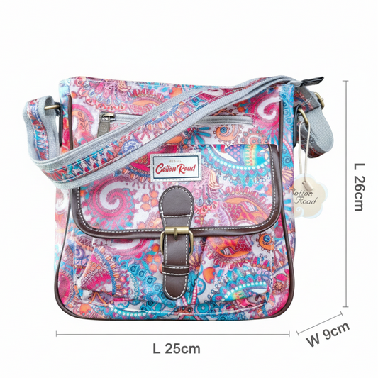 Cotton Road Sling Bag: PINK Vibrant PAISLEY PVC Crossbody Bag SIZE