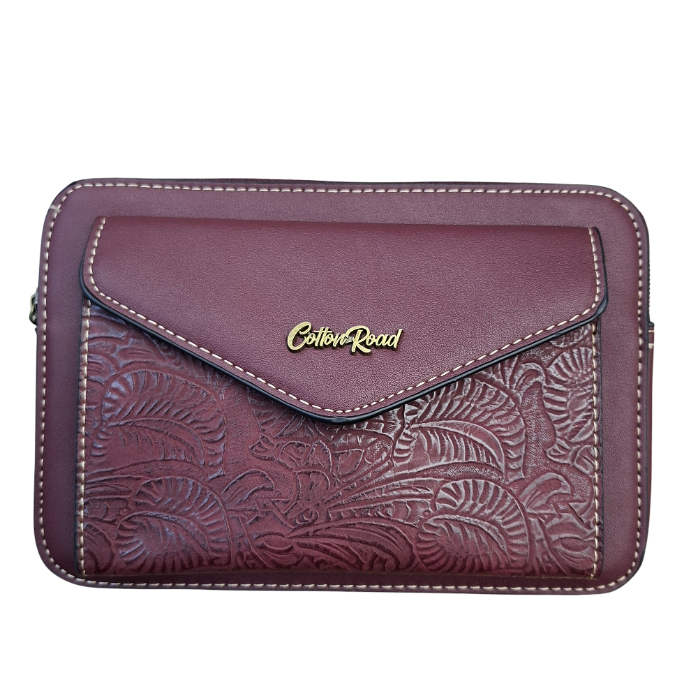 Cotton Road Sling Bag: RED VINE Embossed PU Leather Crossbody bag FRONT