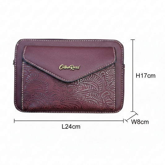 Cotton Road Sling Bag: RED VINE Embossed PU Leather Crossbody bag SIZE