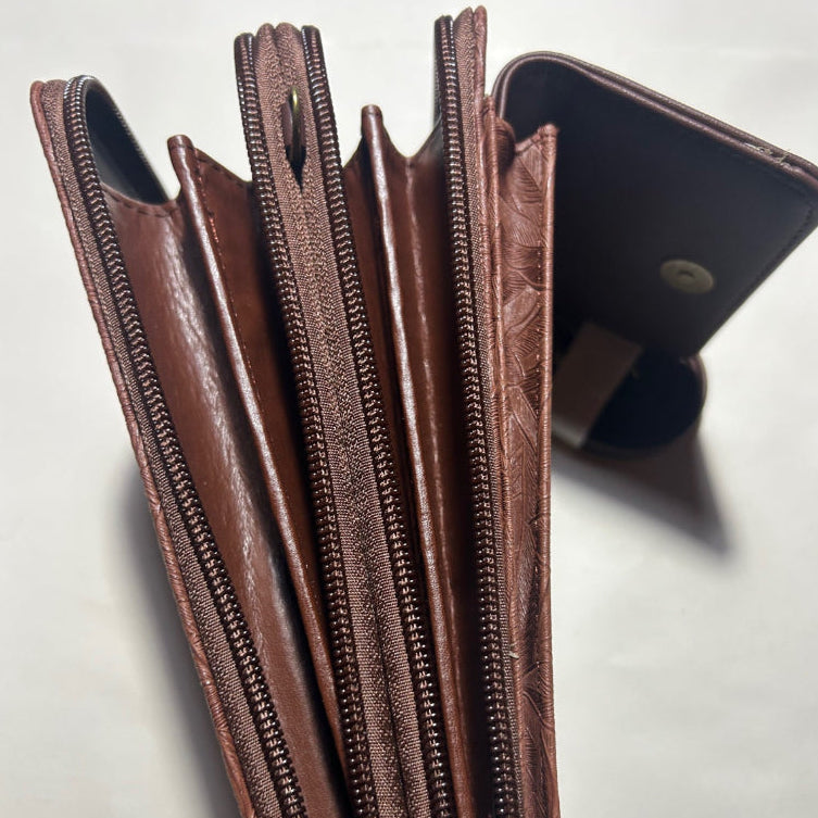 Cotton Road Sling Wallet: PINK PU Leather Cellphone Sling Wallet with EMBOSSED leaf pattern OPEN VIEW