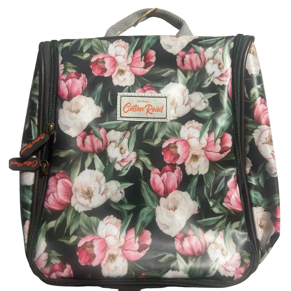 Cotton Road Toiletry Bag: DARK GREEN FLORAL PVC Hanging Vanity Bag FRONT