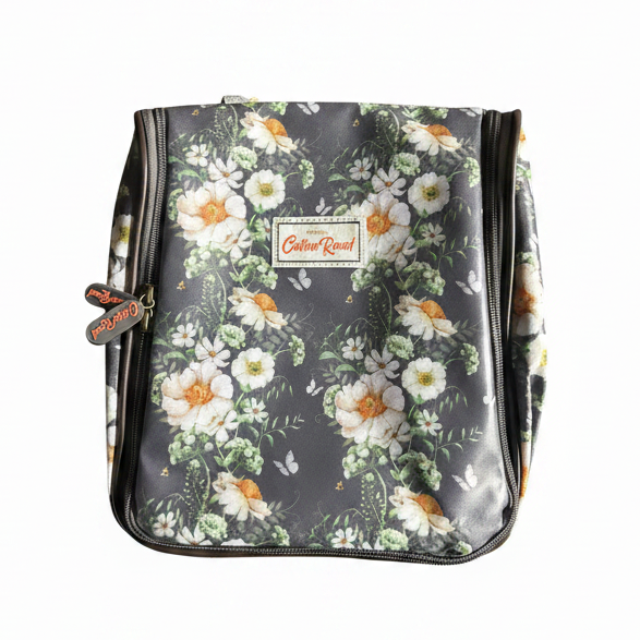 Cotton Road Toiletry Bag: DARK GREY with IVORY FLOWERS PVC Hanging Vanity Bag FRONT