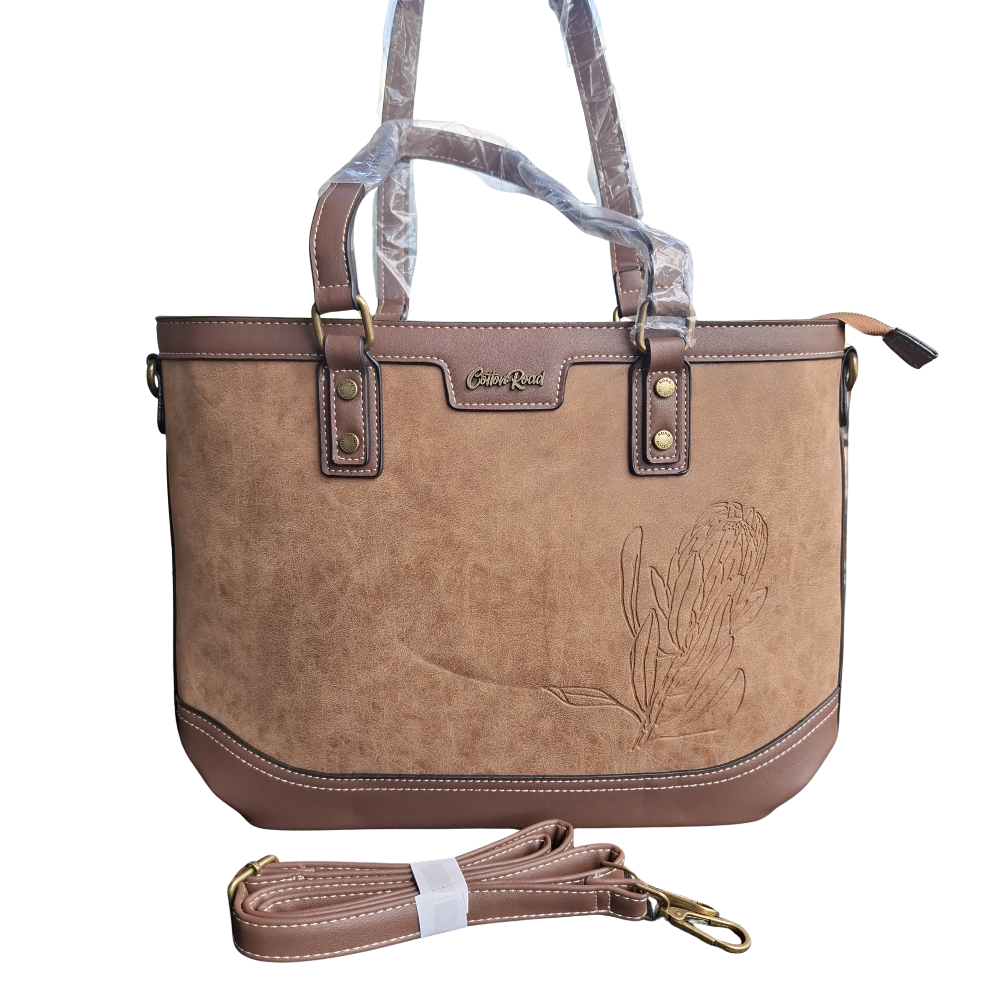 Cotton Road Tote Bag: BROWN PU Leather Shopper Bag with Embossed Protea