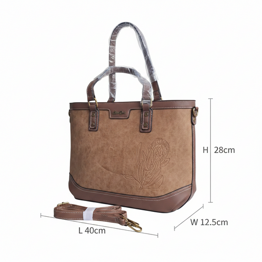 Cotton Road Tote Bag: BROWN PU Leather Shopper Bag with Embossed Protea