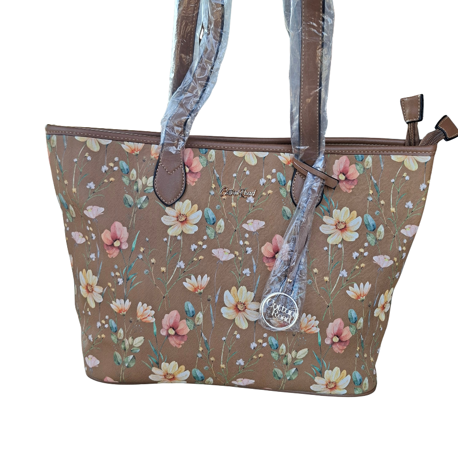 Cotton Road Tote Bag: KHAKI PU Leather Floral Shopper with Couchette front view detail