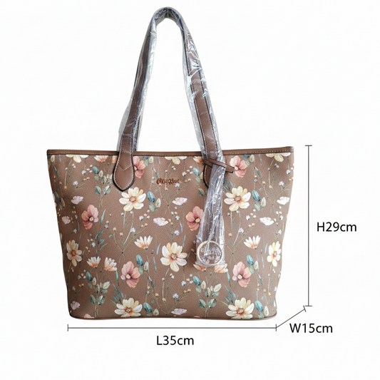 Cotton Road Tote Bag: KHAKI PU Leather Floral Shopper with Couchette size