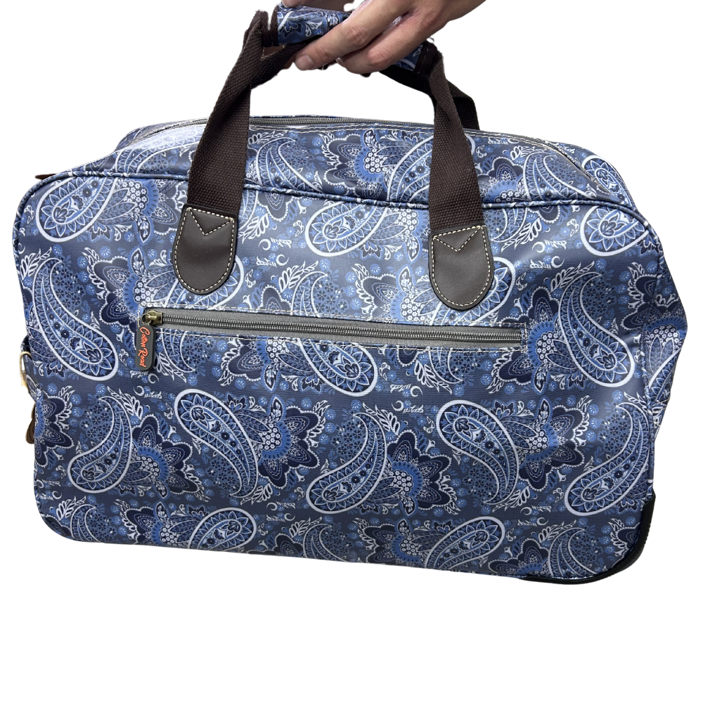 Cotton Road Travel Bag: BLUE Paisley TROLLEY bag with TWIN handles and WHEELS FRONT