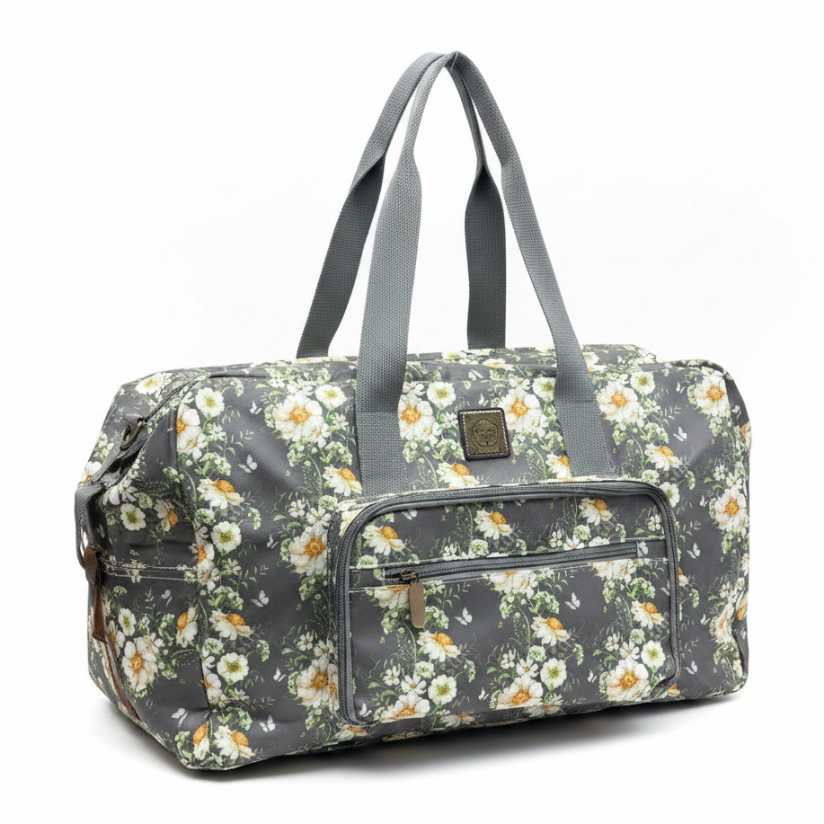 Cotton Road Travel Bag: DARK GREY Foldaway WEEKENDER TRAVEL Bag with IVORY FLOWERS FRONT VIEW