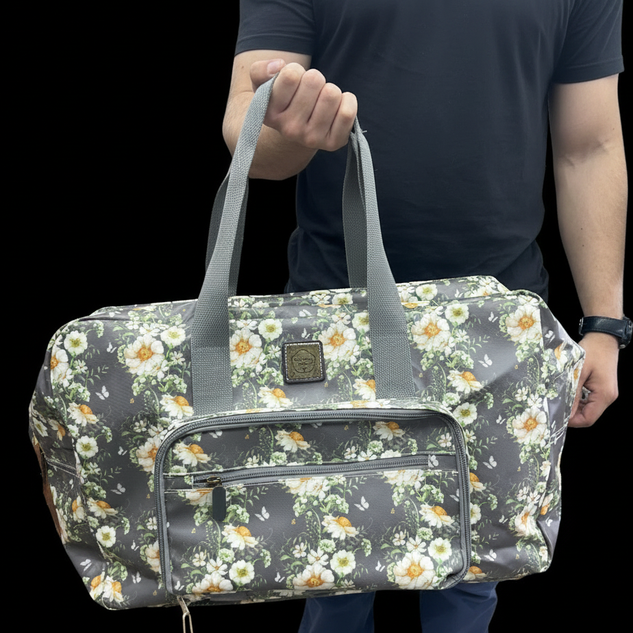 Cotton Road Travel Bag: DARK GREY Foldaway WEEKENDER TRAVEL Bag with IVORY FLOWERS FRONT VIEW