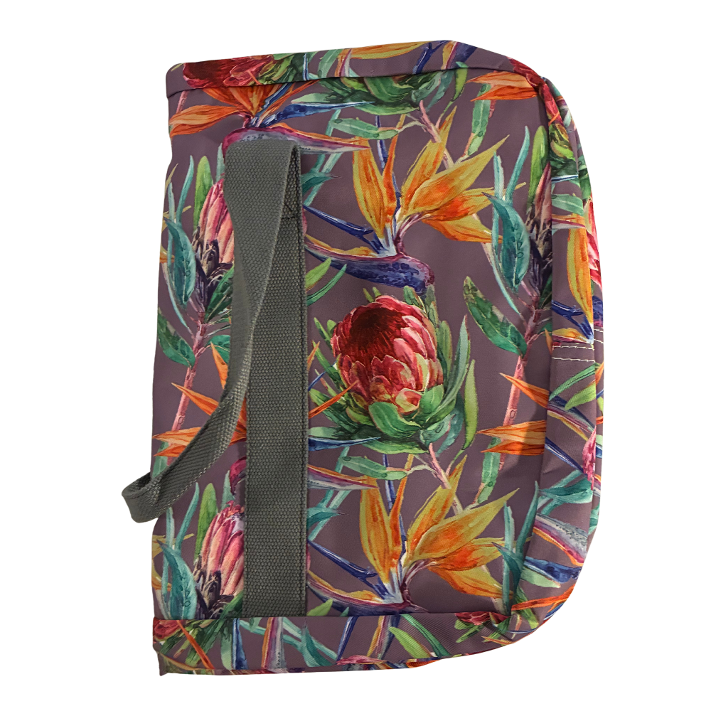 Cotton Road Travel Bag: Purple Soft Linen Overnight Bag with Colourfull Protea detailing folded