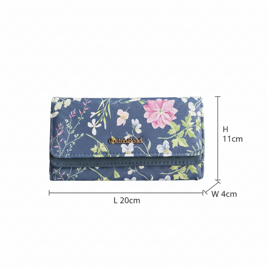 Cotton Road Wallet: Large BLUE PU Leather Organiser with FLORAL Design