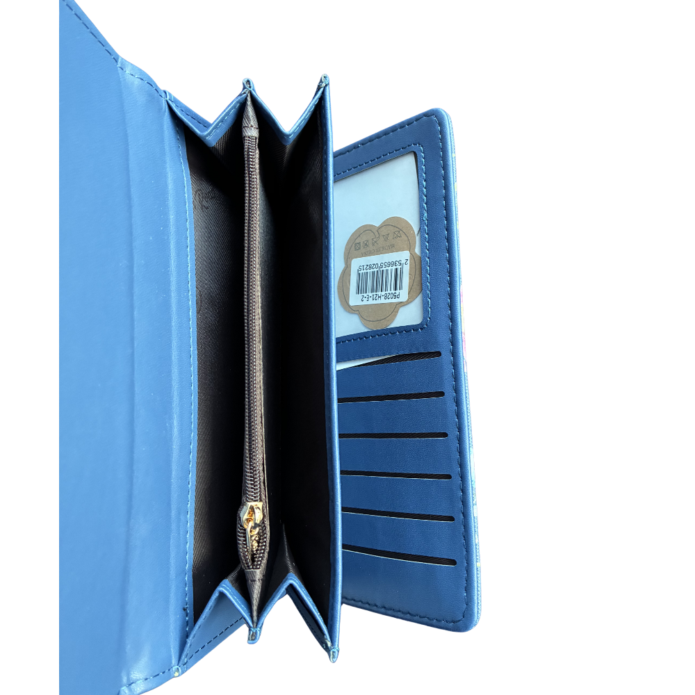 Cotton Road Wallet: Large BLUE PU Leather Organiser with FLORAL Design open coin pocket view
