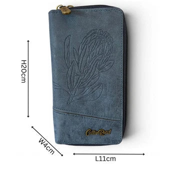 Cotton Road Wallet: Large BLUE PU Leather with PROTEA Design SIZE