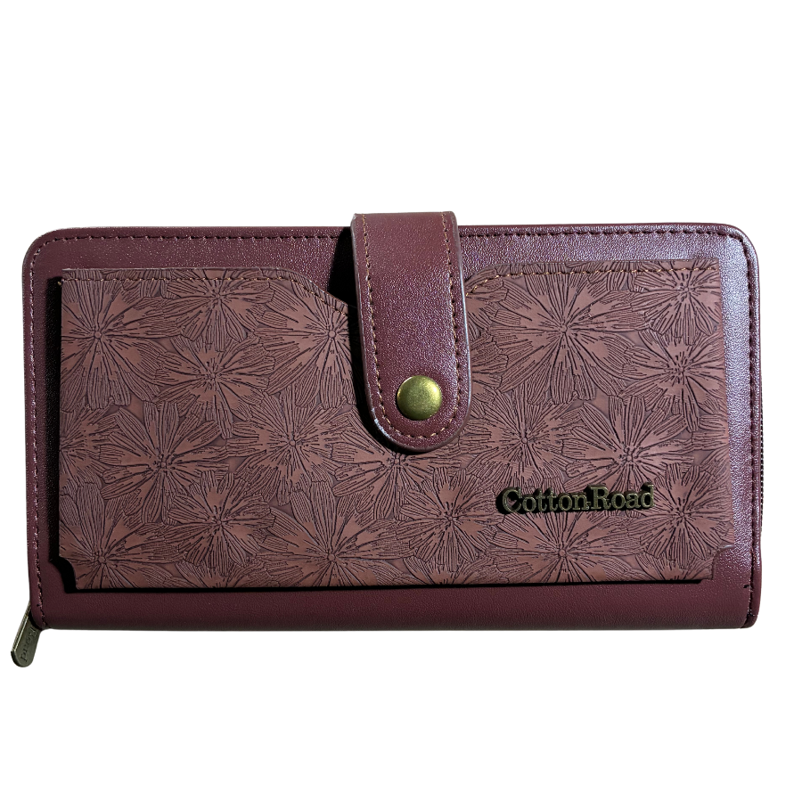 Cotton Road Wallet: Large BROWN PU Leather Cellphone Sling with FLORAL Pocket FRONT VIEW