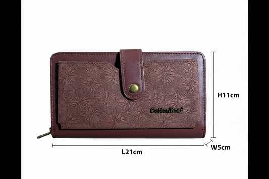 Cotton Road Wallet: Large BROWN PU Leather Cellphone Sling with FLORAL Pocket