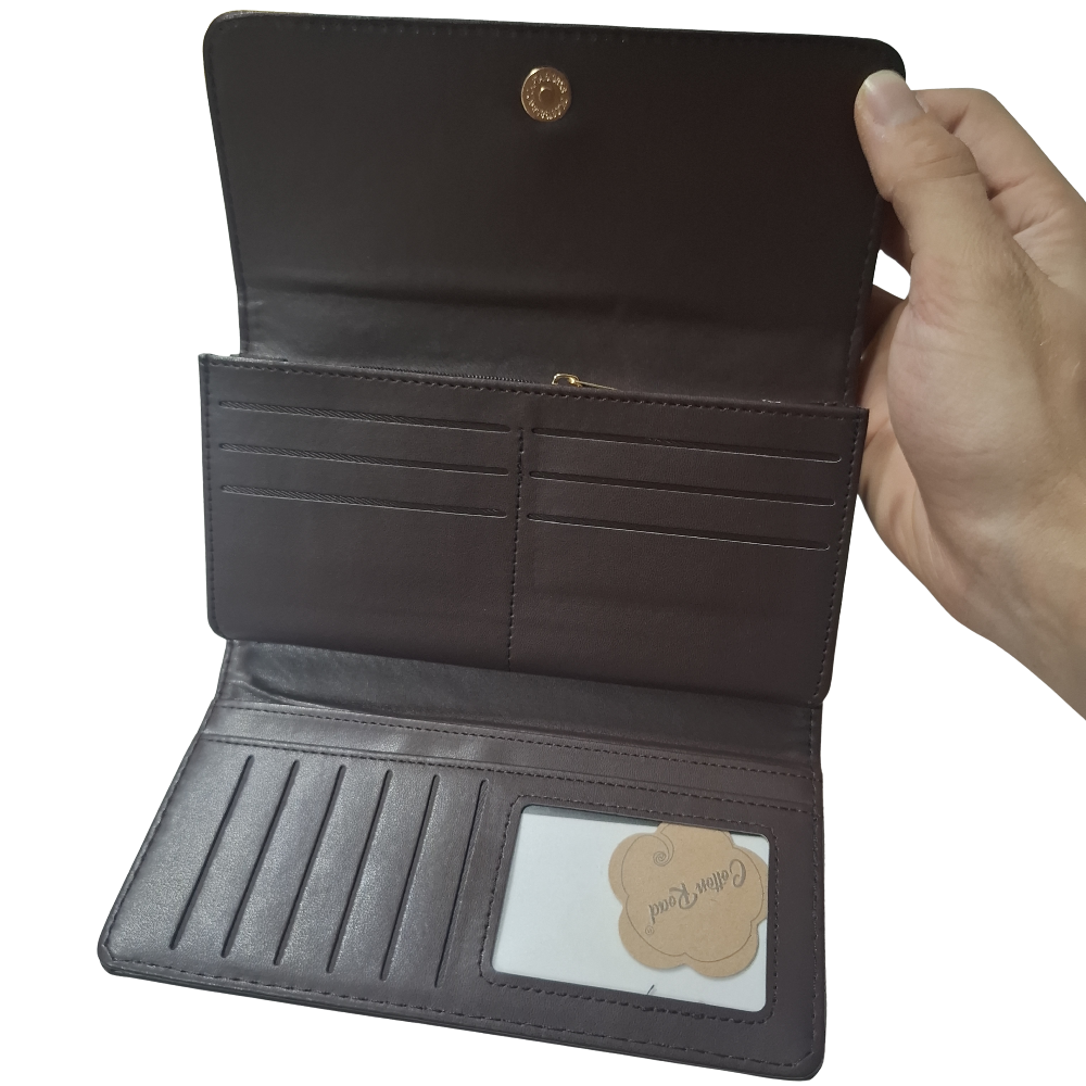 Cotton Road Wallet: Large BROWN PU Leather with EMBROIDERED PROTEAS OPEN POCKETS VIEW