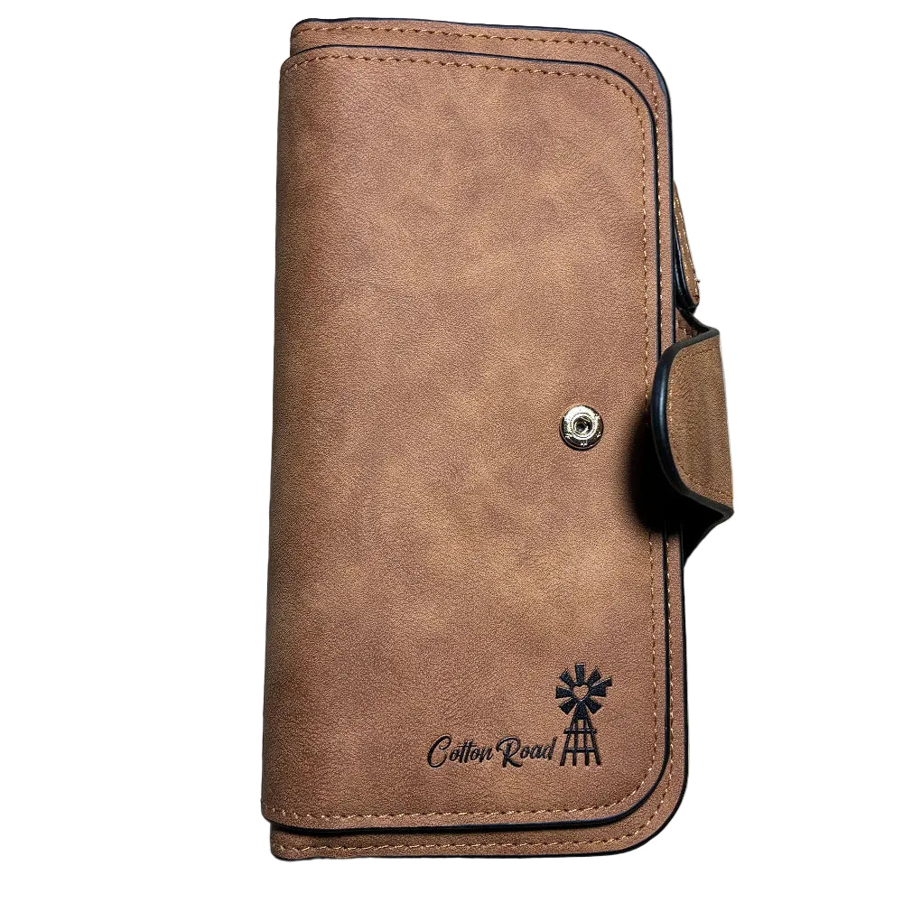 Cotton Road Wallet: Large TAN BROWN 4-FOLD PU Leather Wallet with WINDMILL FRONT