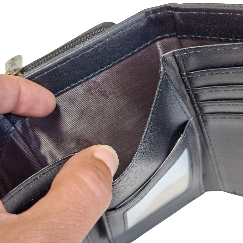 Cotton Road Wallet: Medium BLACK PU Leather Purse with windmill OPEN NOTE POCKET