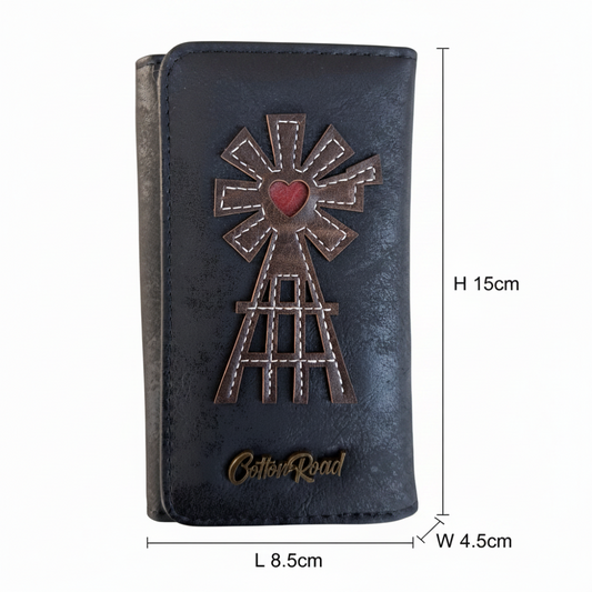 Cotton Road Wallet: Medium BLACK PU Leather Purse with windmill SIZE