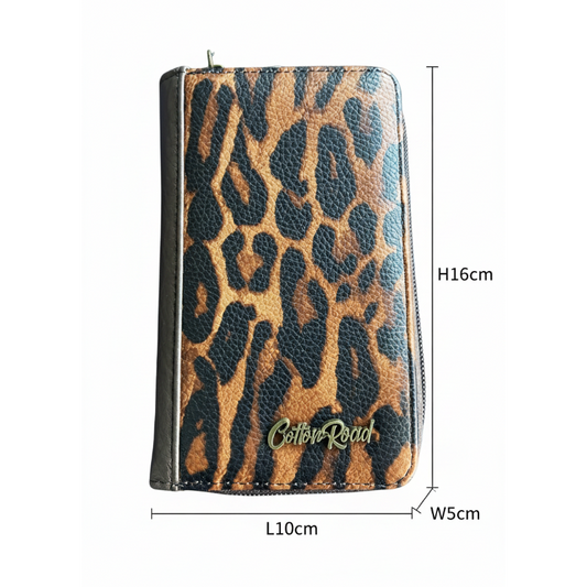 Cotton Road Wallet: Medium BROWN PU Leather with LEOPARD Print SIZE