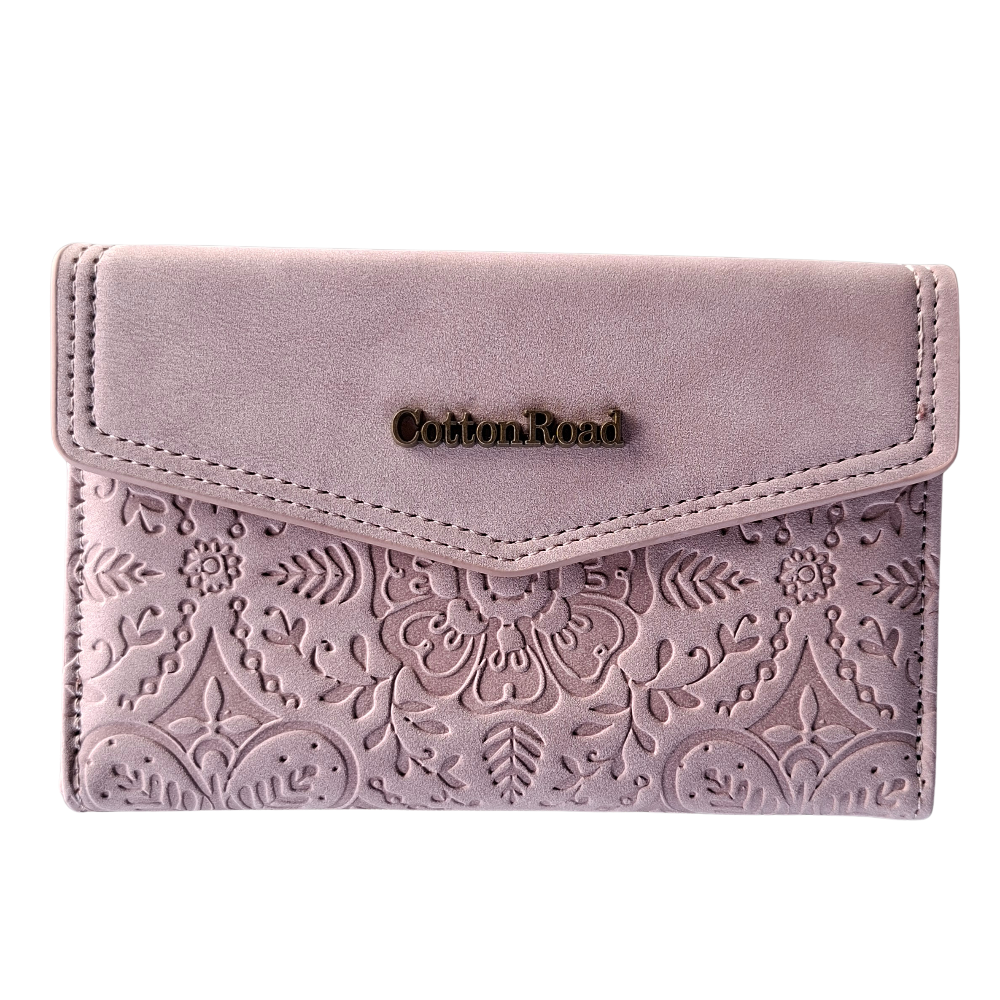 Cotton Road Wallet: Medium PINK Suede-Style PU Leather with EMBOSSED Print FRONT