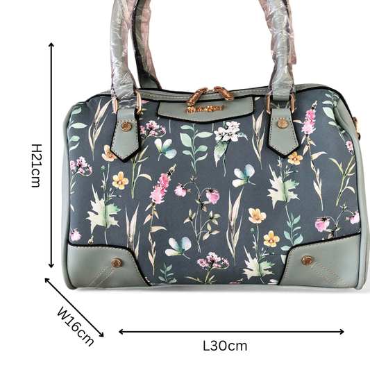 GREEN Cotton Road PU Leather Barrel Handbag with FLORAL Panel