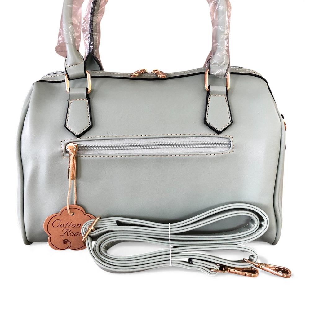 GREEN Cotton Road PU Leather Barrel Handbag with FLORAL Panel