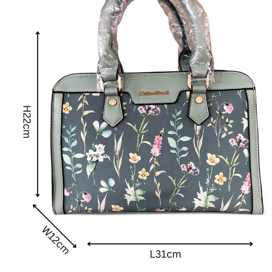 GREEN Cotton Road PU Leather Handbag with FLORAL Panel