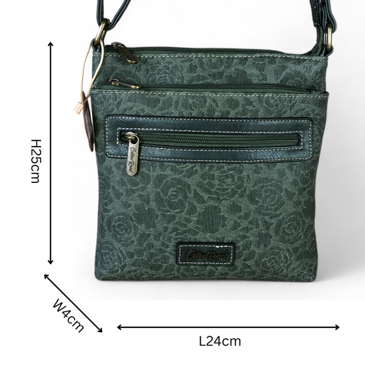 GREEN FLORAL Printed PU Leather Cotton Road Sling Bag