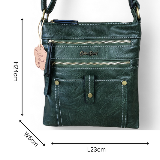 GREEN PU Leather Cotton Road Sling Bag with Metal Zips