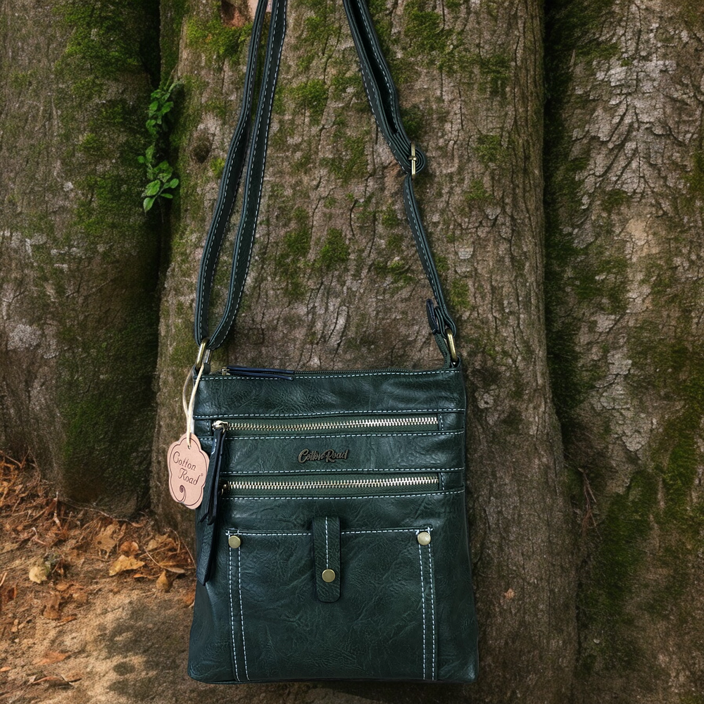 GREEN PU Leather Cotton Road Sling Bag with Metal Zips