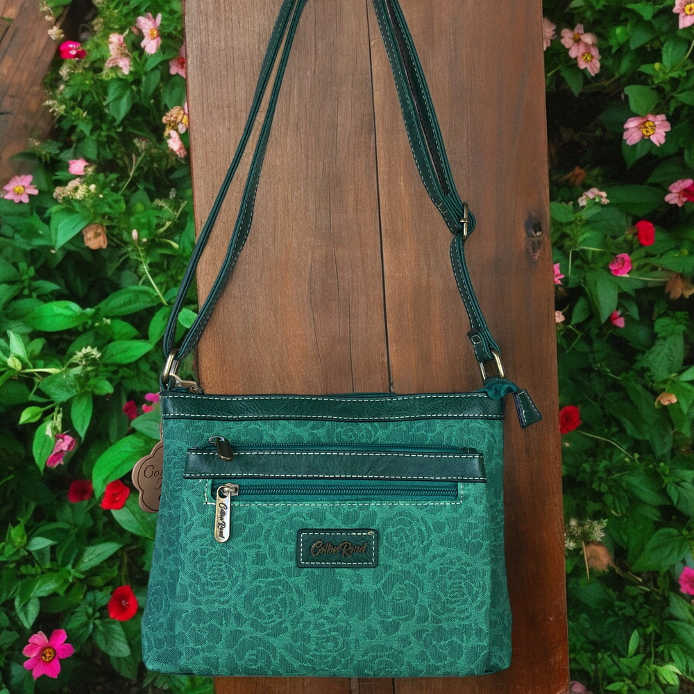 GREEN Printed FLORAL Cotton Road PU Leather Sling Bag