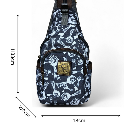 GREY Cotton Road CANVAS Cross Body Bag / Mini Backpack with WINDMILLS