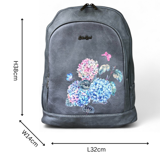 GREY PU Leather Cotton Road Backpack with FLORAL detailing
