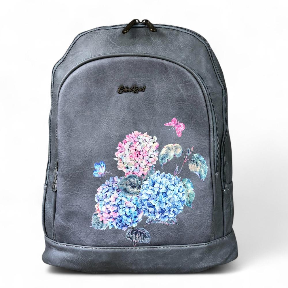 GREY PU Leather Cotton Road Backpack with FLORAL detailing