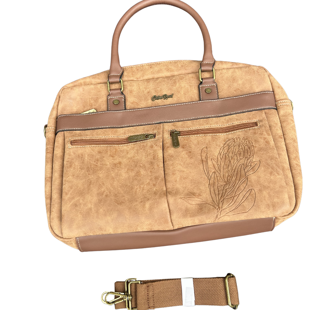 Cotton Road Laptop Bag: BROWN PU Leather with Embossed Protea