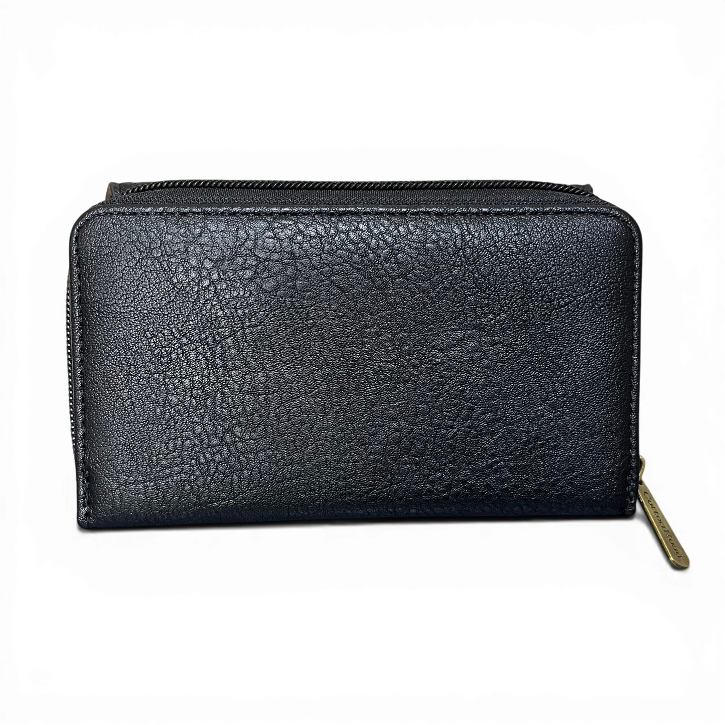 Cotton Road Wallet medium black PU leather with seven card slots, zippered coin compartment, and transparent ID window.