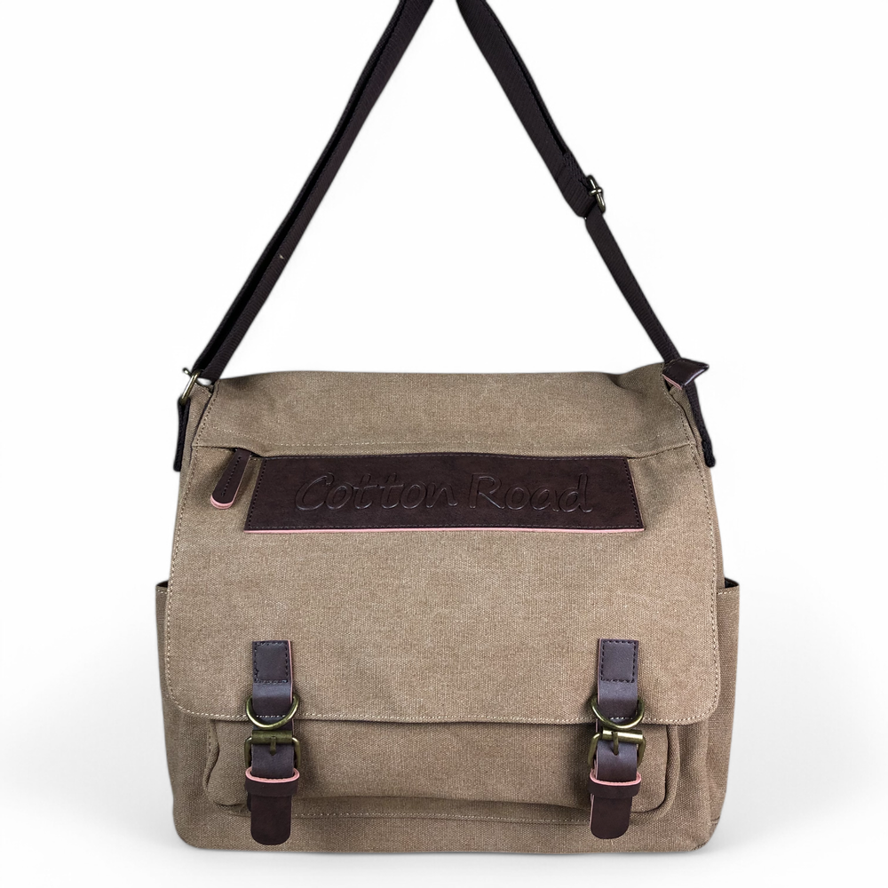 KHAKI BRANDED Cotton Road Canvas 15,6" Laptop Bag with BROWN PU Leather TRIM
