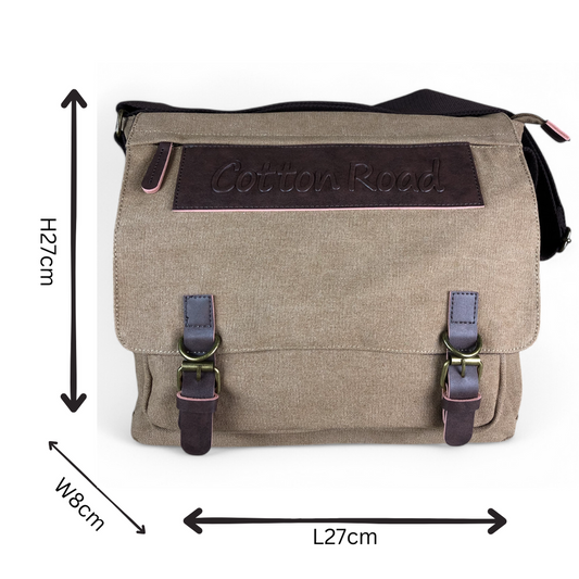 KHAKI BRANDED Cotton Road Canvas 15,6" Laptop Bag with BROWN PU Leather TRIM sized